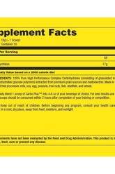 Supplement facts for Universal Nutrition Carbo Plus, listing ingredients and nutritional information.